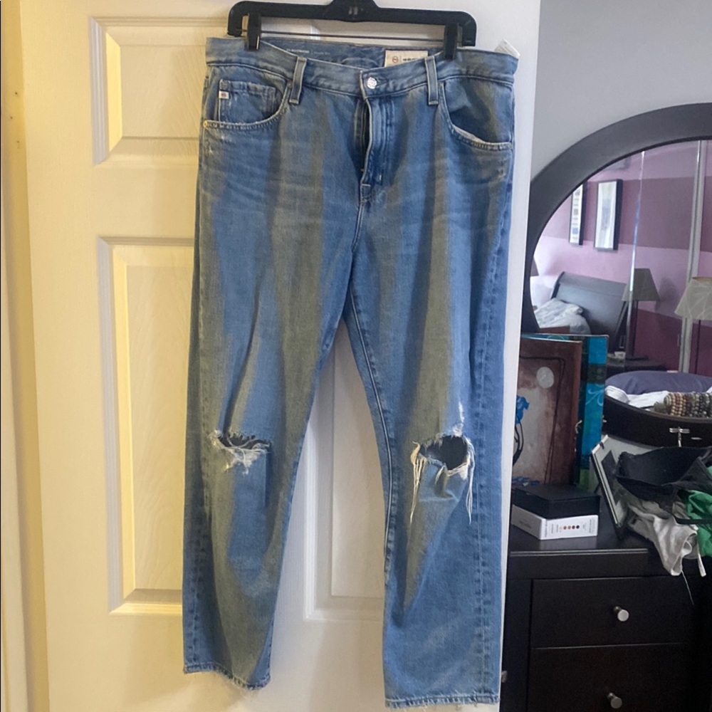 Ag Adriano Goldschmied Blue Straight Jeans with Distressed Details